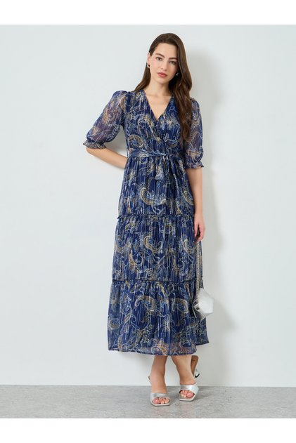 Women Lurex Chiffon Floral Print Maxi Dress