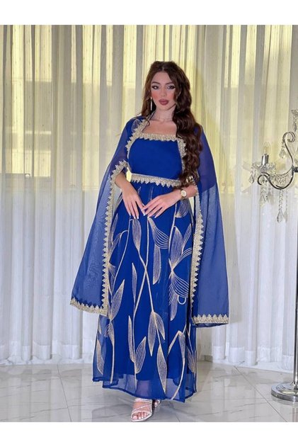 Women Blue Cape Sleeve Embroidered Maxi Dress