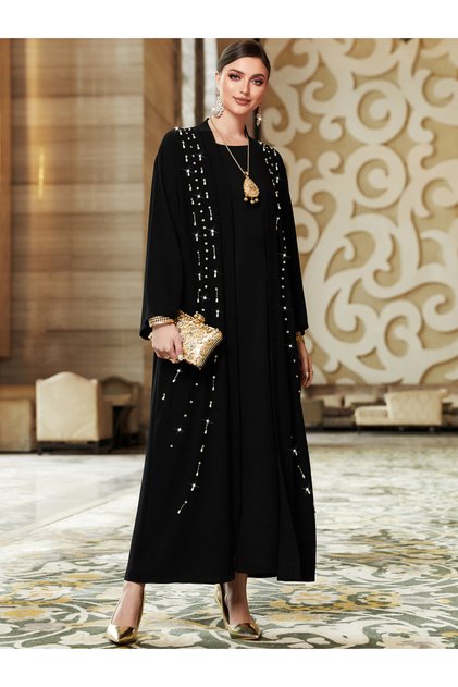 Women's Solid Rhinestone Embellished Long Sleeve Abaya