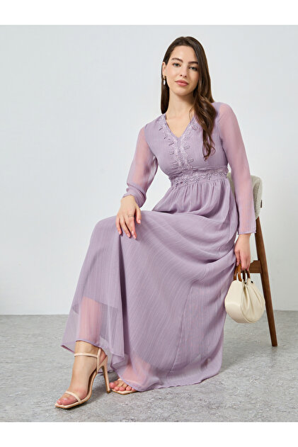 Women Lilac Lace Trim Chiffon Maxi Dress