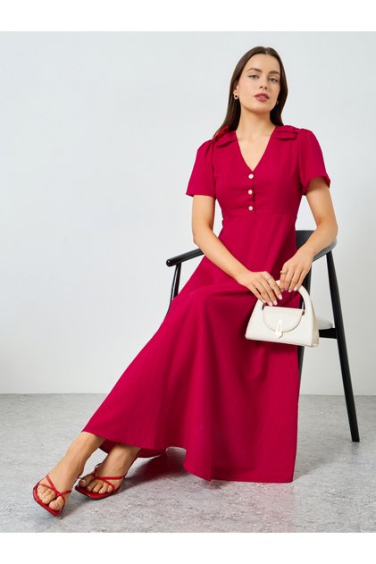Red Buttoned Short Sleeve A-Line Maxi Dress