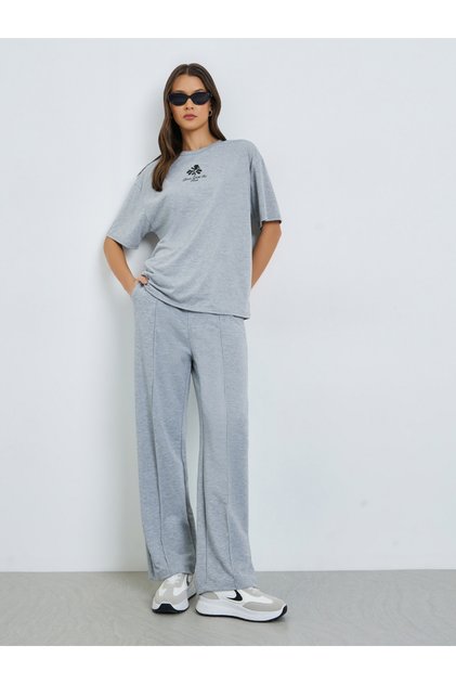 Grey Wide Leg Joggers with Pintuck Detail