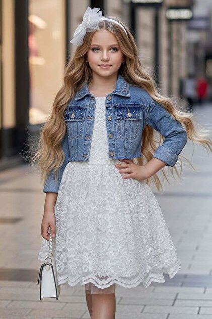 Riccotarz Girl's Jean Jacket Lace Embroidered Tulle White Evening Dress-  Trendyol