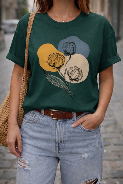 Abstract Flowers and Colorful Shapes Printed Cotton Relaxed Fit Round Neck Unisex T-Shirt