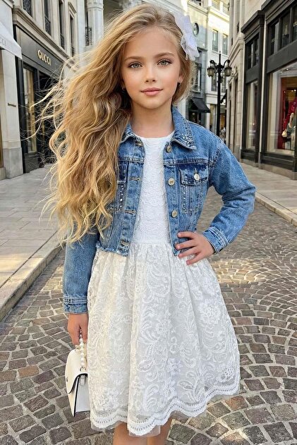 Riccotarz Girl's Jean Jacket Lace Embroidered Tulle White Evening Dress-  Trendyol