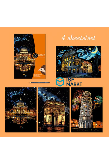 ISF MARKT 4 lü SET : A3 Kazıma Resim Sanatı – Kolezyum, Pisa