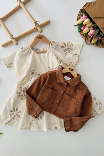 My Little One's Girl's 2-Piece Set with Floral Embroidery Dress and Jacket - Cinnamon