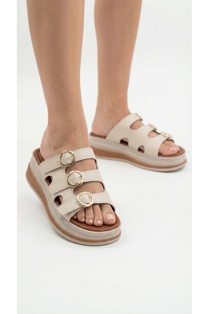 Round Three-Stripe Gold Buckle Detailed High Heeled Comfortable Women's Summer Slippers Sandals