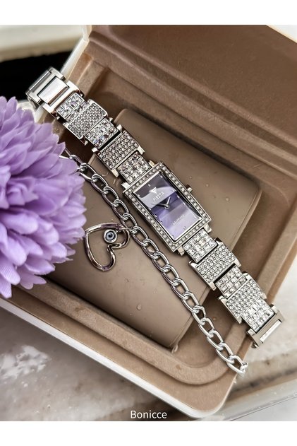 Full Steel (Case, Strap) Elegant with Stones, Navy Blue Dial, Rectangular Case, Stylish Box + Bracelet