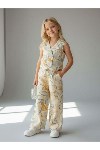 Girl's Patterned Wide-Leg Linen Trousers