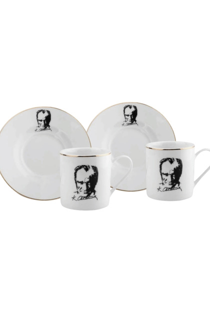 2-Piece Porcelain Atatürk Silhouette Cup Set - Cup Set with Gilt Details