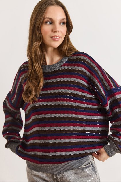 Women's Anthracite Striped Openwork Oversize Seasonal Knitwear Blouse Blz-19003216