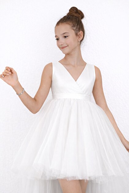 nsmkidslife Girl's White Front Short Back Long Wrap Dress Graduation Party  Prom Dress- Trendyol