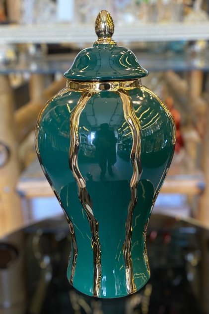 Yeşil Gold Çizgili Seramik Şah Küp Vazo 38 Cm