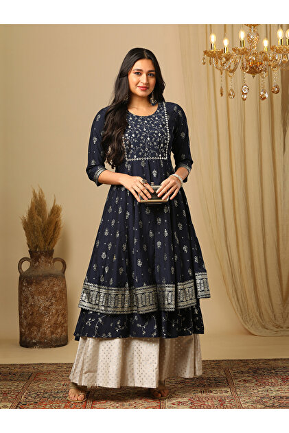 Embroidered Sequined Yoke Foil Jaal Print Layered Anarakali Kurta