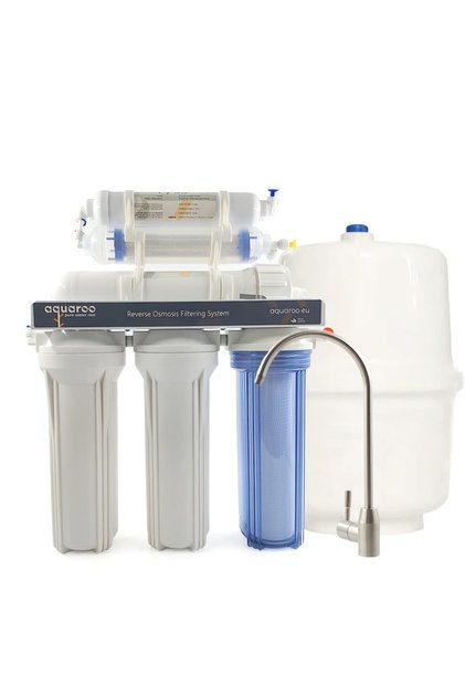 Sistem de osmoză inversă ARO1-6I/75-6S-I pentru apă filtrată la robinet, 6 trepte cu deionizare IR, 75 GPD, rezervor 12 L, fără pompă, presiune minimă 3 bar