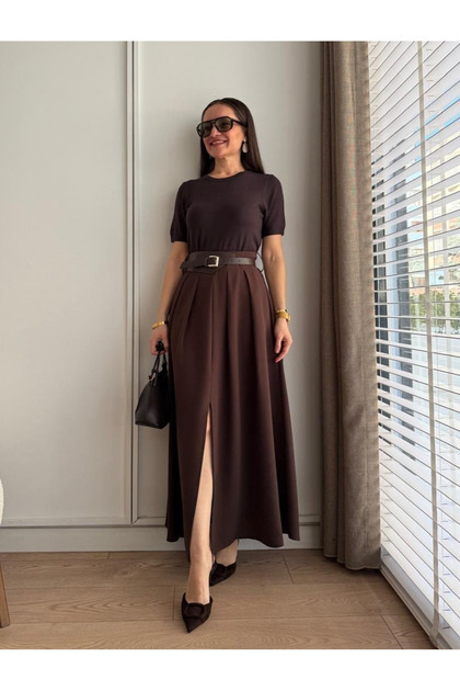 Brown Pleated Front Slit Belted Skirt - 3376