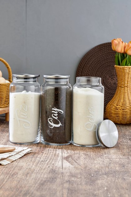 3-Piece Metal Lid Vacuum Tea&Candy&Salt&Spices Jar Set 1300ml Storage Container (Label Included)