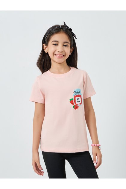Girls Pink Graphic Print Cotton T-Shirt