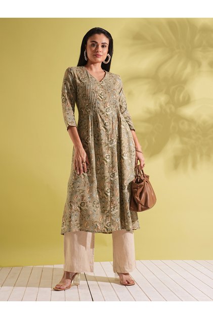 All Over Floral Print Front Slit Pintuck A-Line Workwear Kurta