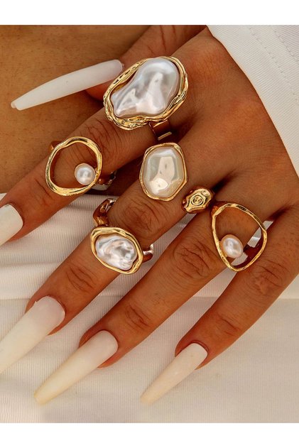 Pack of 5 - Embellished Faux Pearl Rings