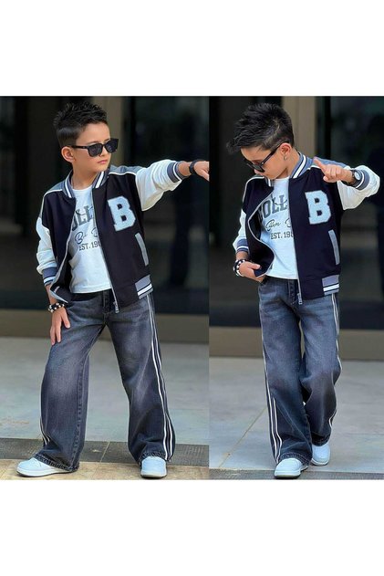 Boy's B Punch Embroidered Stripe Detailed College 3-Piece Jeans Set