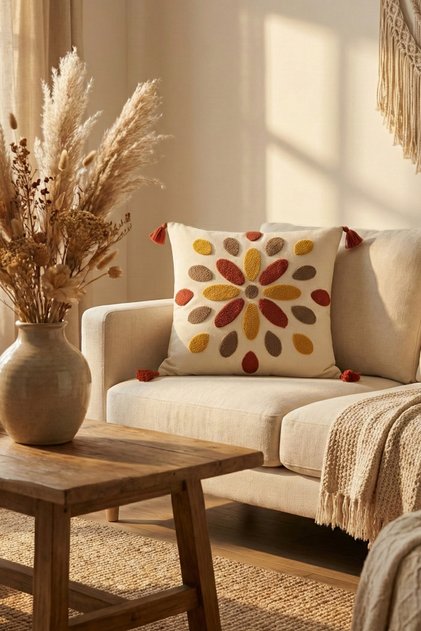 Bohem Damla Punch Nakışlı Dekoratif Kırlent Kılıfı 42x42 cm Pamuk Panama Keten