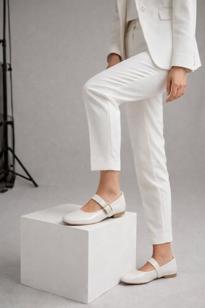 Women's White Mary Jane Ballet Flats – Gold Buckle, Classic and Stylish Design