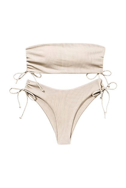 Costum de Baie Bikini - Două Piese, Push Up, Talie Înaltă, Textură Reiată - Bej, Mărimea L
