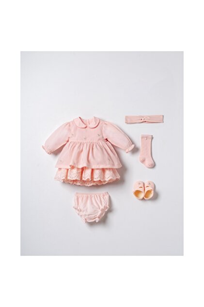 Baby Girl Pink Embroidered Scallop Detailed Dress Set - Set of 4 with Bandana