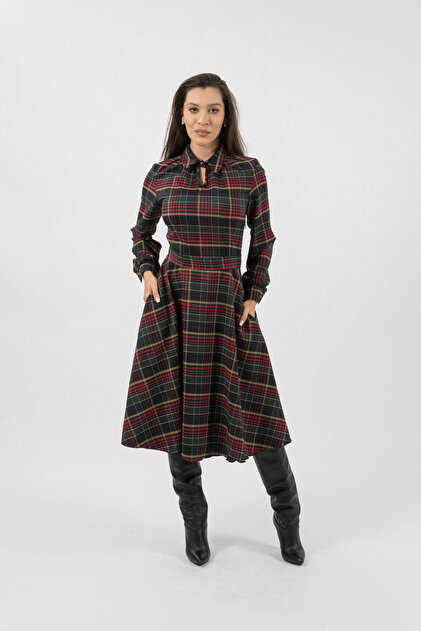 Gorgeaux Tyla Red Green Checkered Dress - 4XL- Trendyol