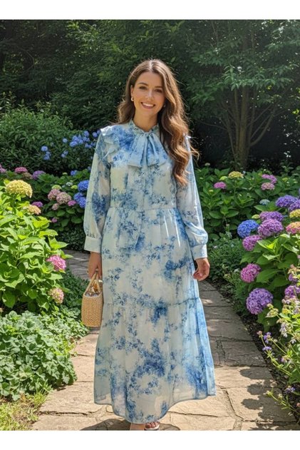 Women's Lined Patterned Gathered Collar Bow Detailed Chiffon Long Dress
