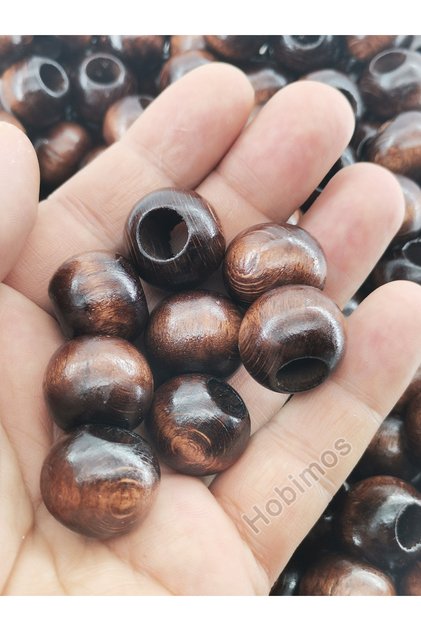8 Adet 20 mm Kahverengi Geniş Delik Ahşap Boncuk - 20 mm Kahve Ahşap Boncuk