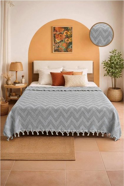 Bohemian Elite Jacquard Double Cotton Pique | 200X230 cm | Fringe Detailed | Modern & Natural Elegance