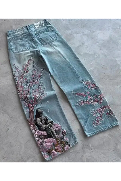 DEEFWEAR Sakura Çiçeği Nakışlı Tasarım Unisex Retro Jean Pantolon