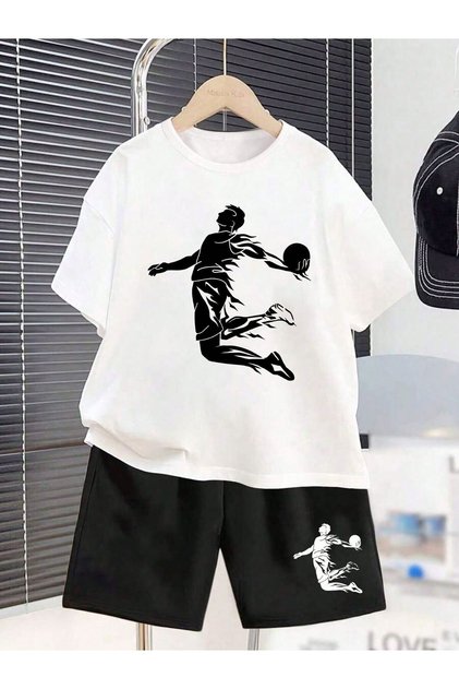 Summer Slam Dunking Basketball Player Printed Boys' Black Shorts and White T-Shirt Set