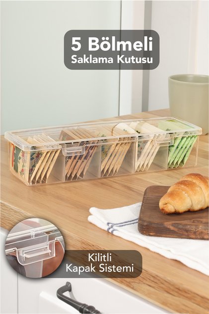 5 Bölmeli Şeffaf Saklama Kutusu - Mutfak Banyo Organizer Düzenleyici Çok Amaçlı Kutu