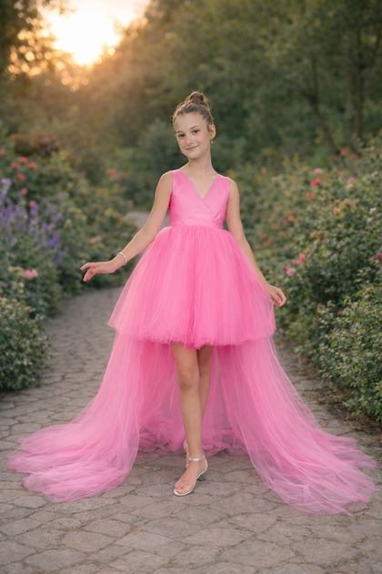 Girl's Pink Front Short Back Long Wrap Dress Graduation Party Prom Dress
