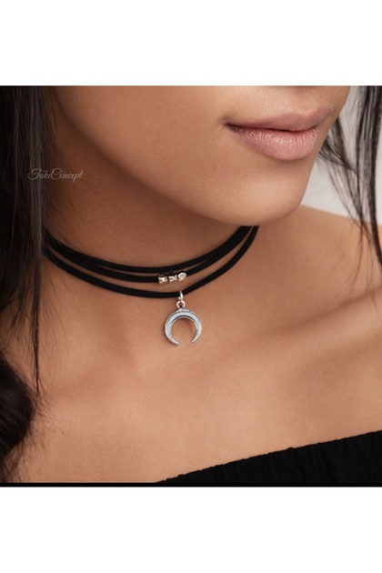 Hilal Detaylı 3 Sıra Siyah Choker Kadın Kolye