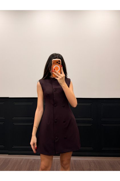 Women's Double-Breasted Button Detailed Zero-Sleeve Padded Dress
