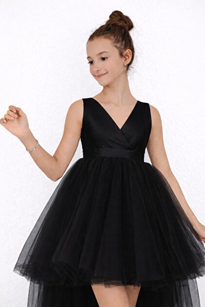 nsmkidslife Girl's Black Front Short Back Long Wrap Dress Graduation Party Prom  Dress- Trendyol