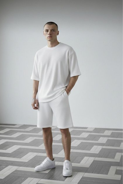 Men's White Ottoman Ribbed Oversize T-Shirt Shorts Set