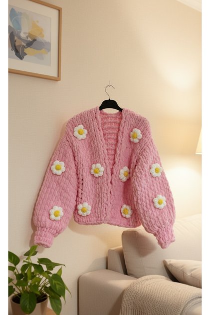 Hüma Natural Pink Hand Knitted Puffy Chunky Cardigan