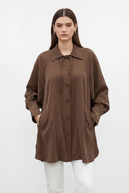Women's Shirt with Collar, Front Buttons and Lace Detail, Brown 10772