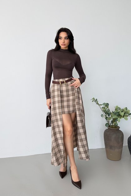 Beige Layered Detailed Plaid Skirt