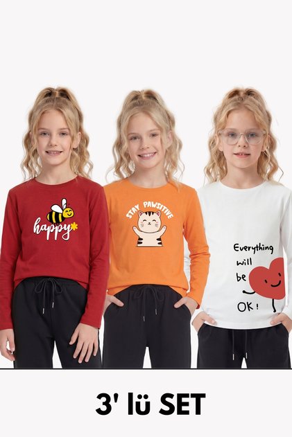 3-Piece Round Neck Print Detailed Long Sleeve 3-Piece Girls' T-Shirt