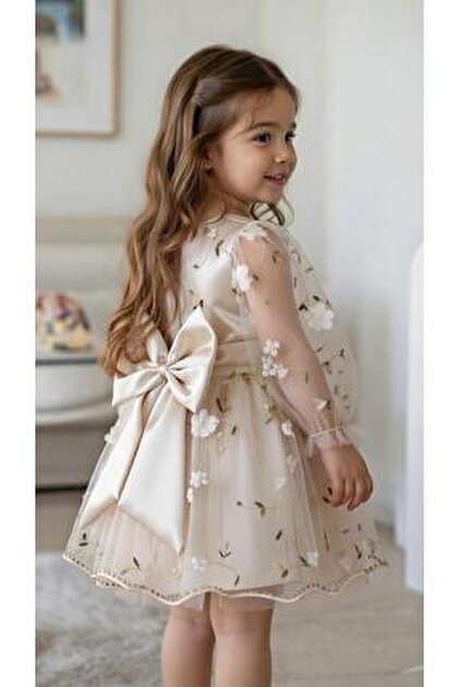 cream color holiday dress Girls Holiday Mixed Media Dress main image 0