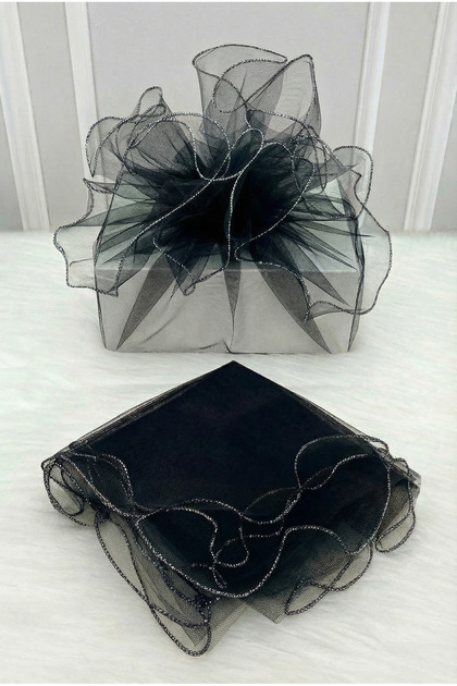 Siyah Süsleme Tülü Gümüş Kenar, Bohça Çeyiz Gelin Damat Söz Nişan Nikah Valiz Hediye Süsü 100x100cm