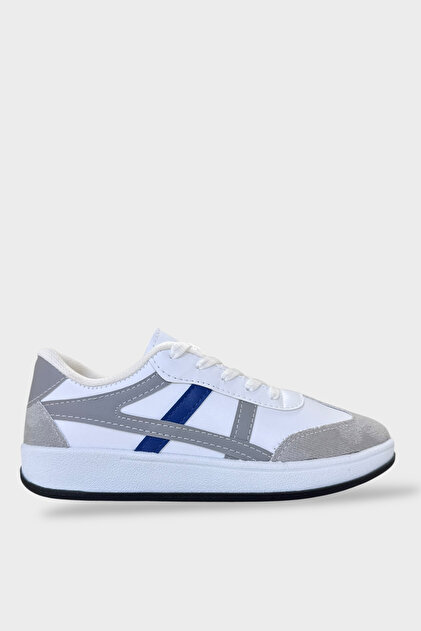 Unisex Casual Sports Shoes with Side Stripes and Laces White - Gray