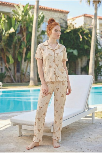 Teddy Bear Patterned Knitted Short Sleeve Buttoned Pajama Set